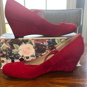 Madeline Stuart Red Faux Suede Mary Jane Wedge Pumps, Size 10